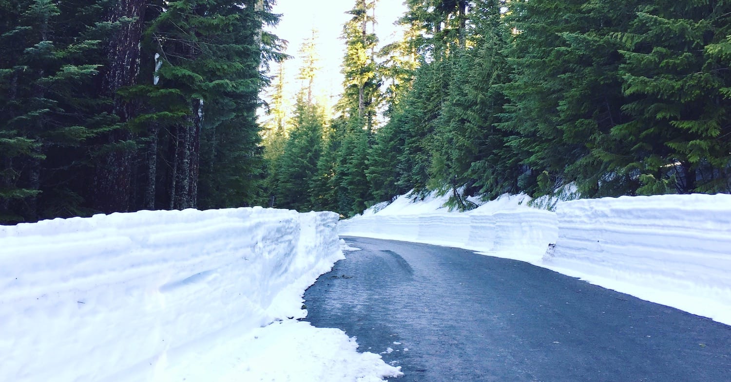 Snow embankments on the road to Lost Lake